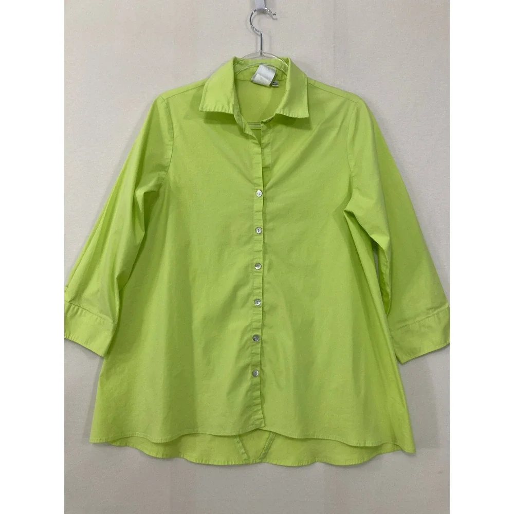 Finley Button Down Shirt XL Lime Green 3/4 Sleeve Stretch A-Line Preppy Office